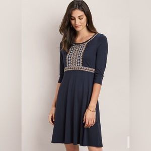 Garnet Hill Embroidered-Bodice Knit Dress, Navy, Medium